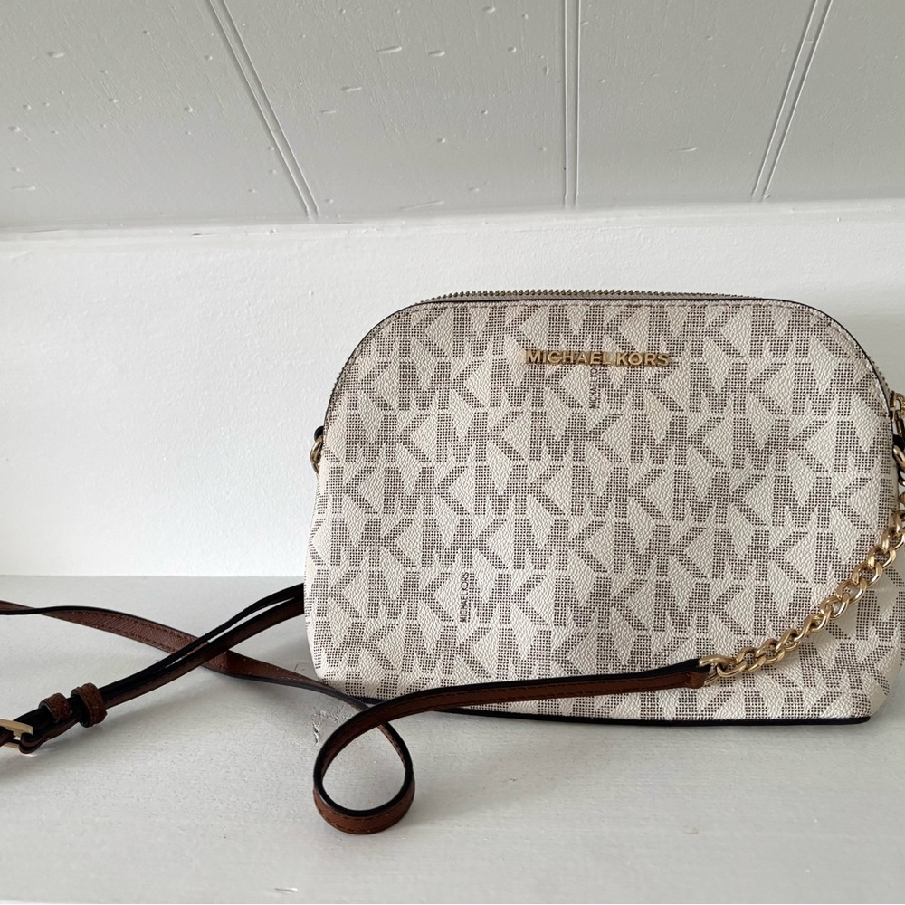 Michael Kors Cream and Brown Crossbody Bag with Gold Hardware